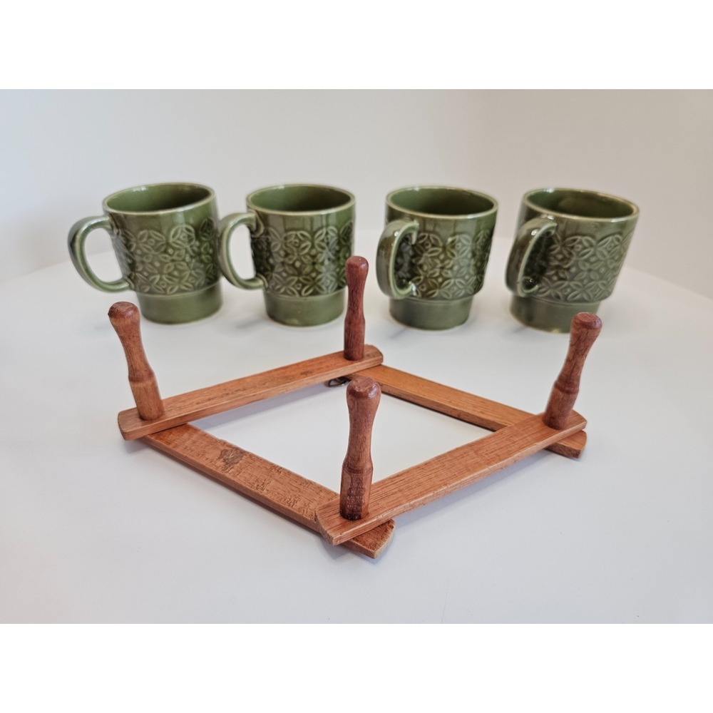 Vintage Avocado Green Mug Set of Four with Hanging Wall Rack 1970's Japan NIB - Picture 13 of 14